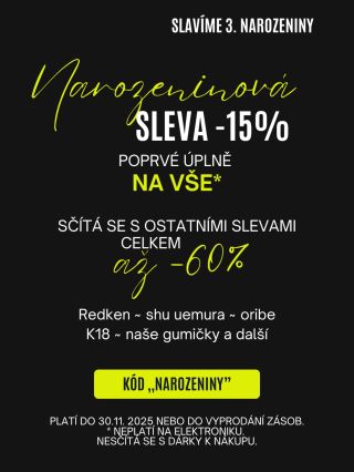 Narozeninová sleva -15% na VŠE kromě elektroniky!!! 🥳🎊🎈 Slavíme 3. narozeniny e-shopu a tak úplně poprvé můžete využít...
